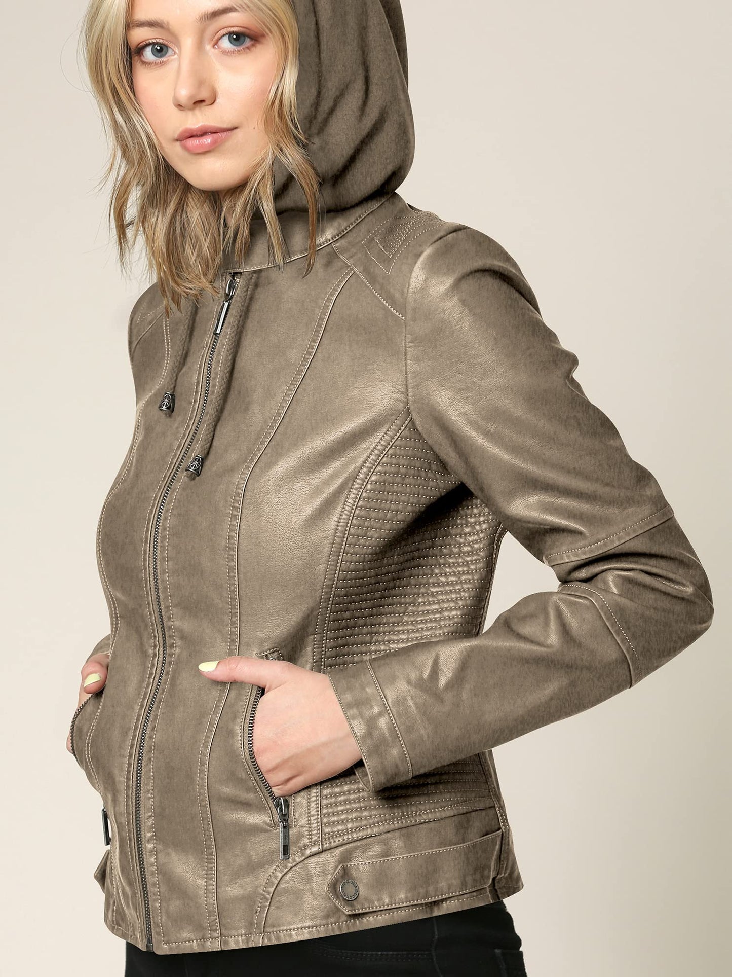 Made By Johnny MBJ Womens Faux Leather Quilted Motorcycle Jacket with Hoodie L Khaki