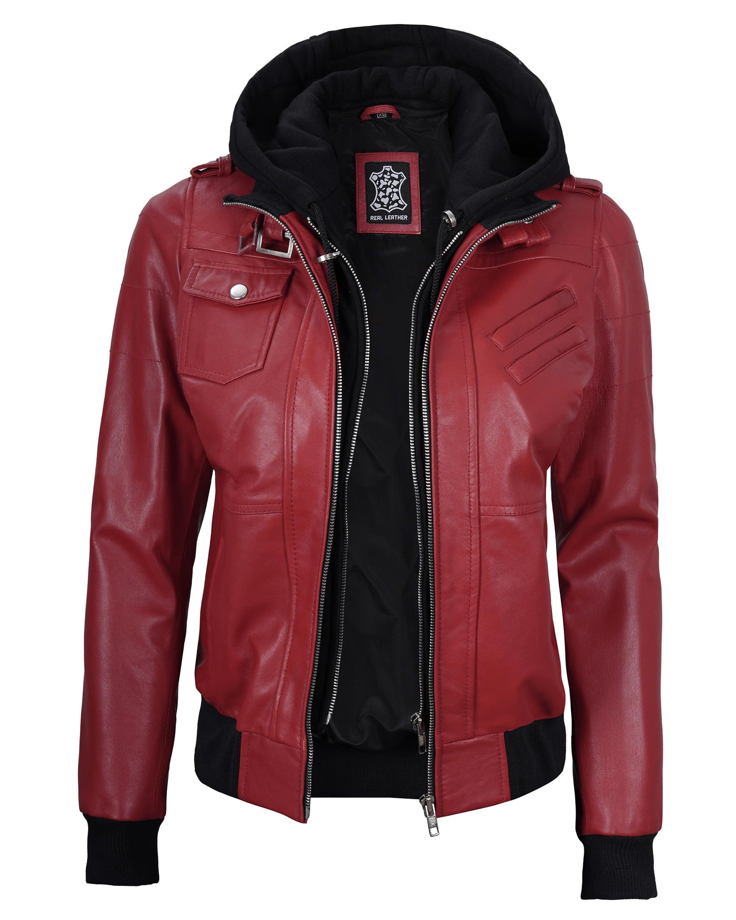 Decrum Hooded Leather Jacket - Leather Bomber Jacket for Women | [1327035] Edinburgh Red, XL