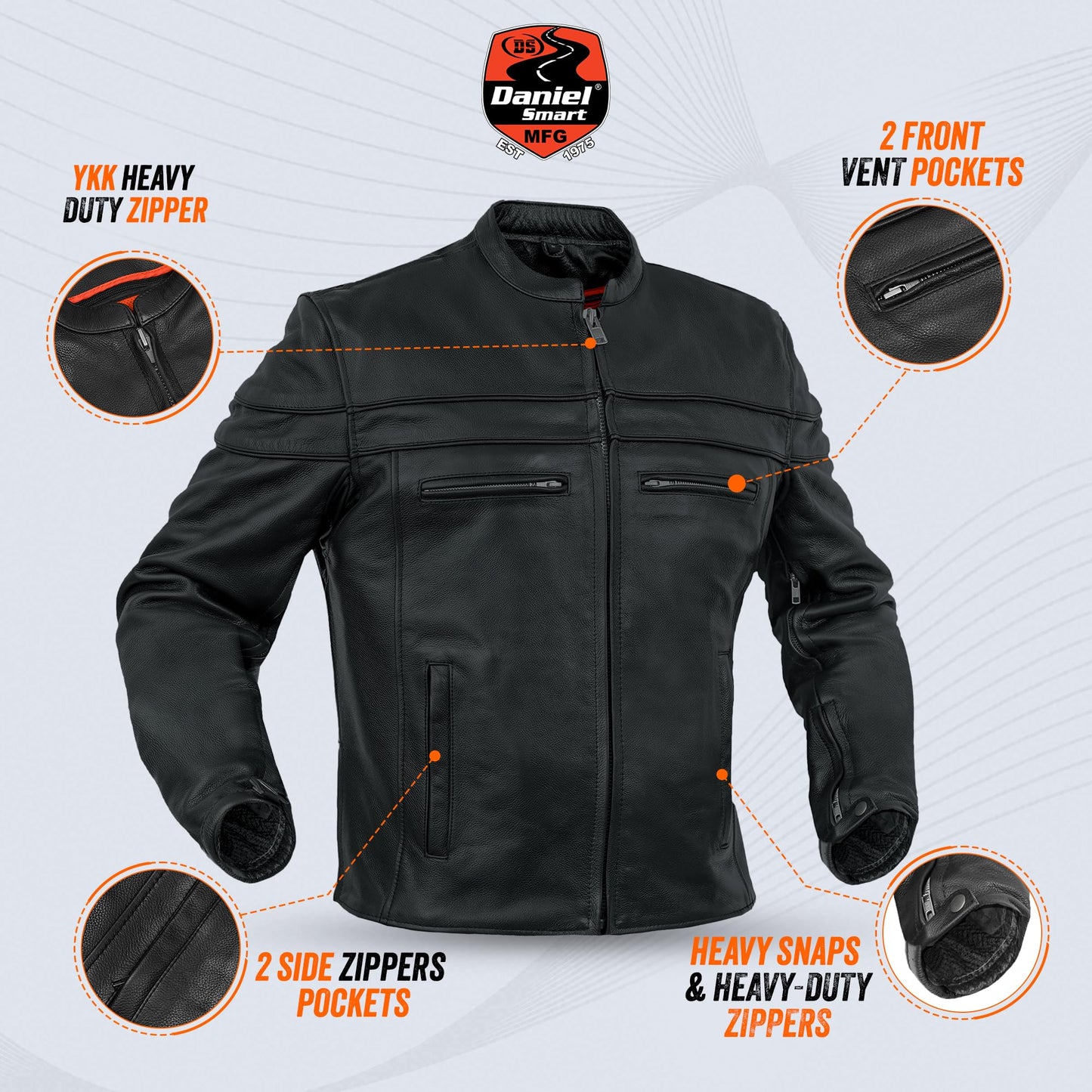 Daniel Smart Men Motorcycle Black Leather Jacket Mandarin Collar Biker Leather Jacket with inside pockets