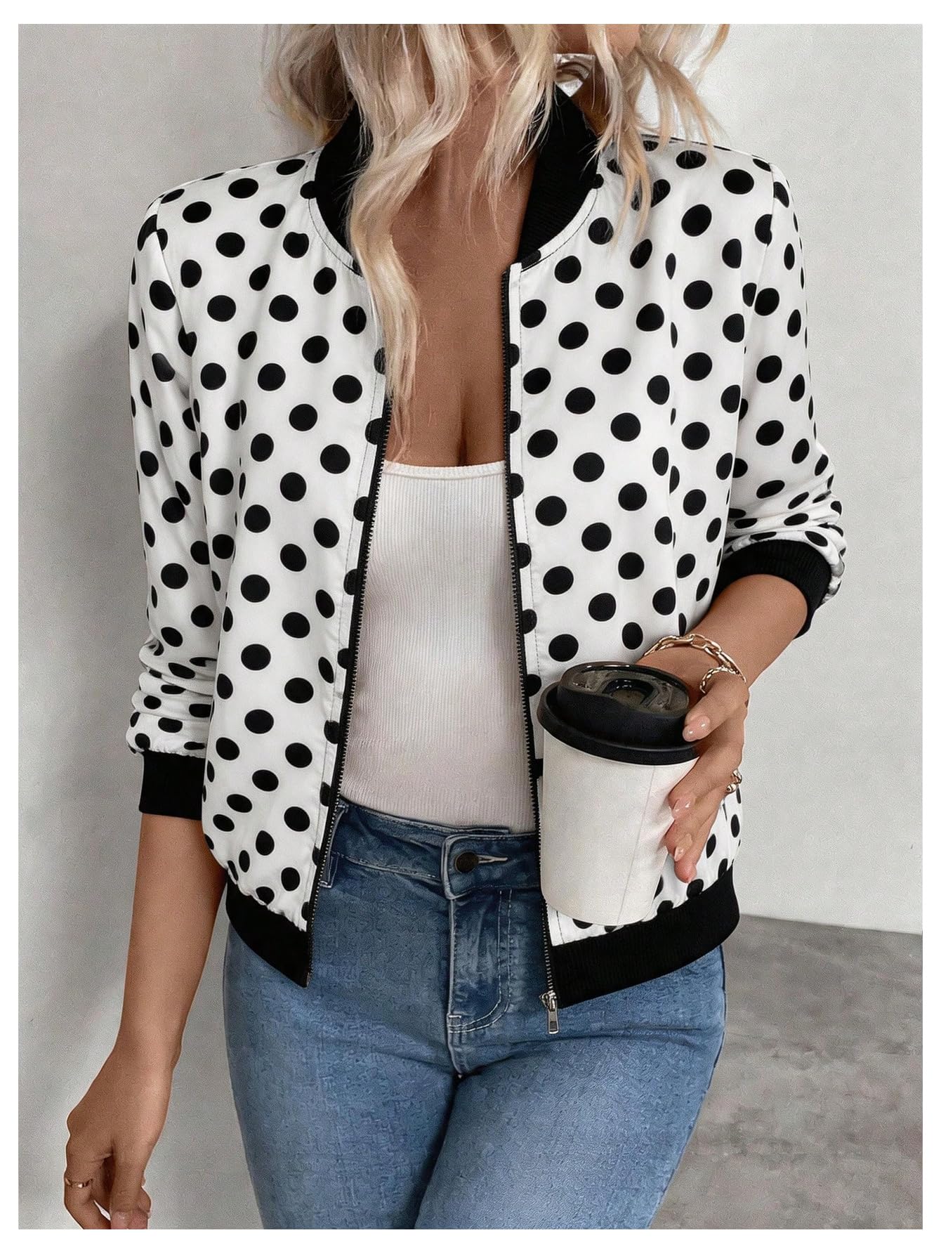 SOLY HUX Women's Polka Dots Bomber Jacket Zip Up Long Sleeve Lightweight Jackets Casual Outerwear Black and White Medium