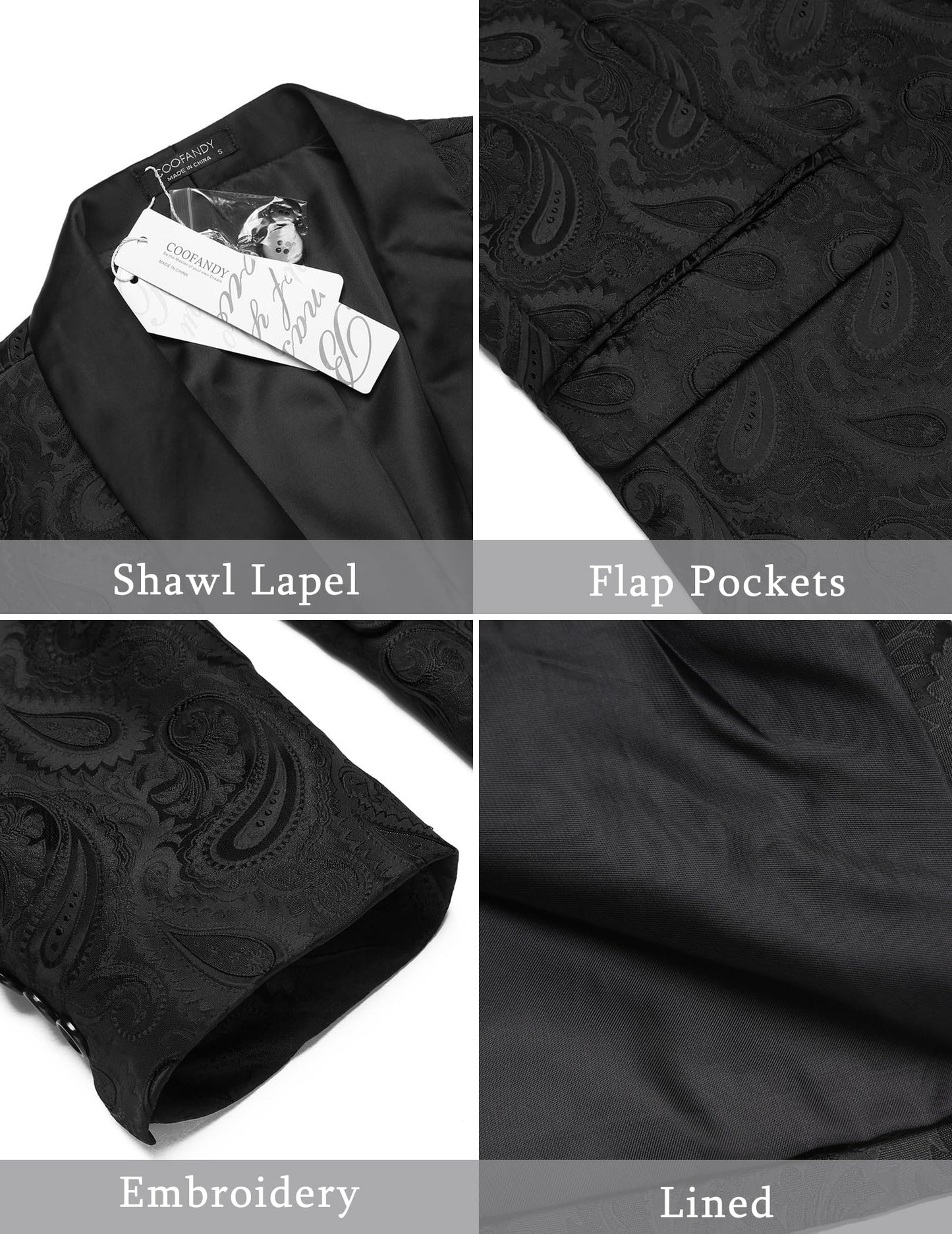 COOFANDY Mens Floral Tuxedo Jacket Paisley Shawl Lapel Suit Blazer Jacket for Dinner,Prom,Wedding Black