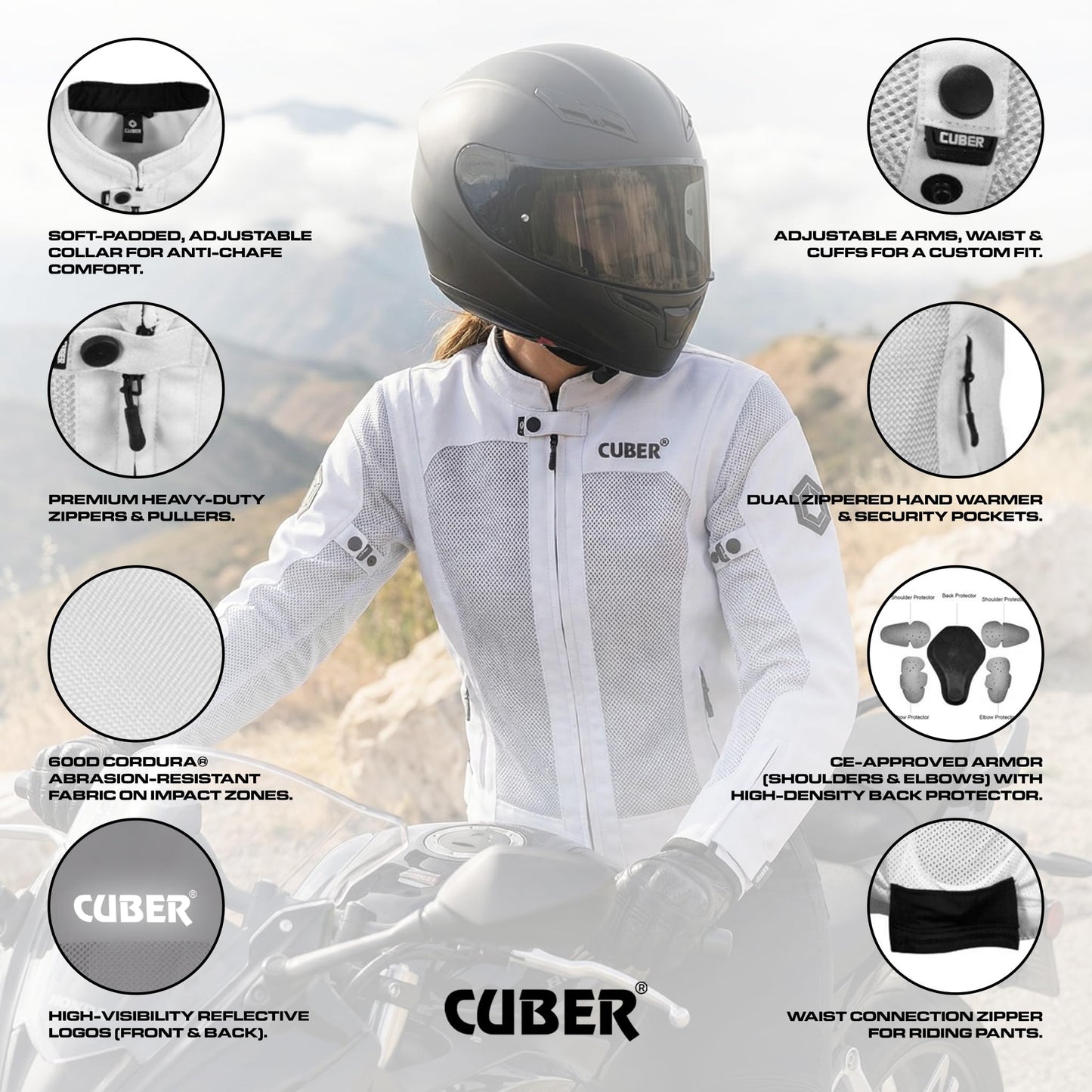 CUBER HI VIS BREATHABLE MESH MOTORCYCLE JACKET RIDING MENS CE ARMOR BIKERS RACING GEAR, DUAL SPORTS PROTECTIVE (WHITE, LARGE)