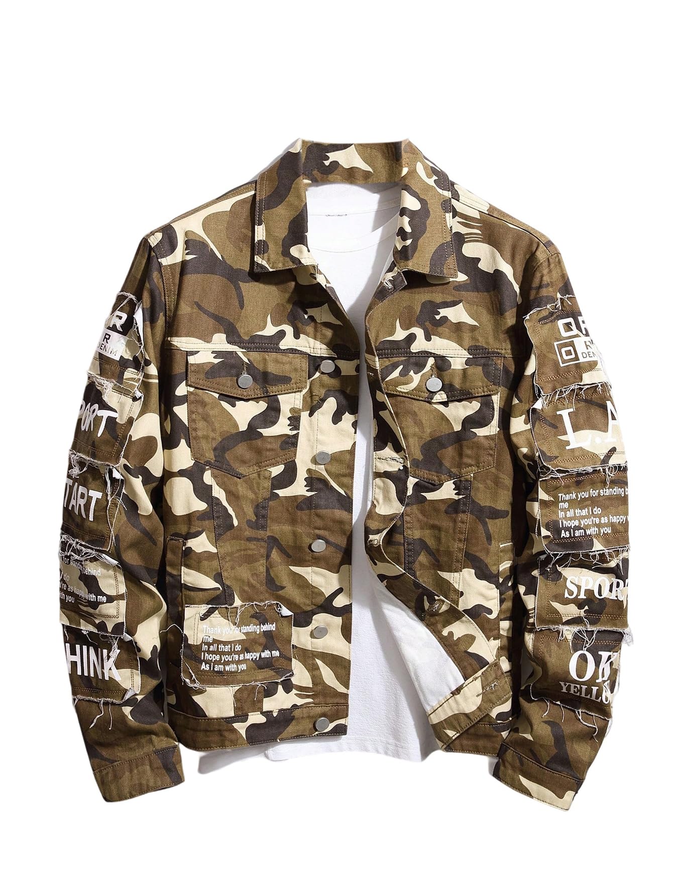 SOLY HUX Men's Denim Jacket Letter Graphic Button Down Flap Pocket Long Sleeve Streetwear Jacket Multicolor Camo Small