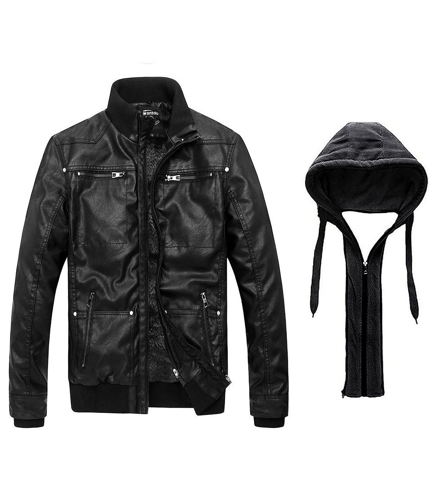 wantdo Mens Leather Jacket with Removable Hood Pure Black,S,(fleece Lining)
