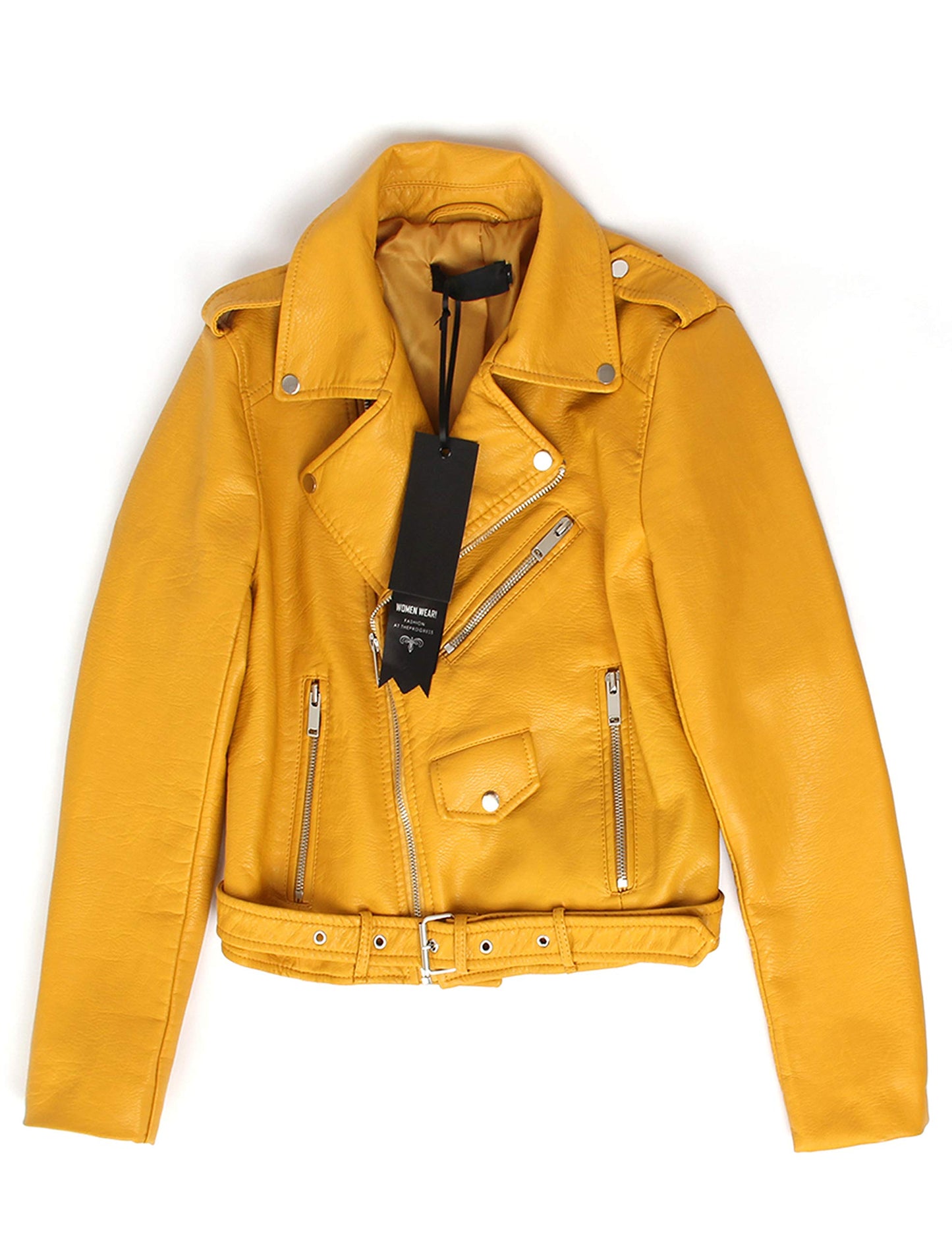 Jhichic Women's Faux Leather Textured Short Moto Jacket Zip-up Slim PU Biker Coat with Pockets (Yellow, M)