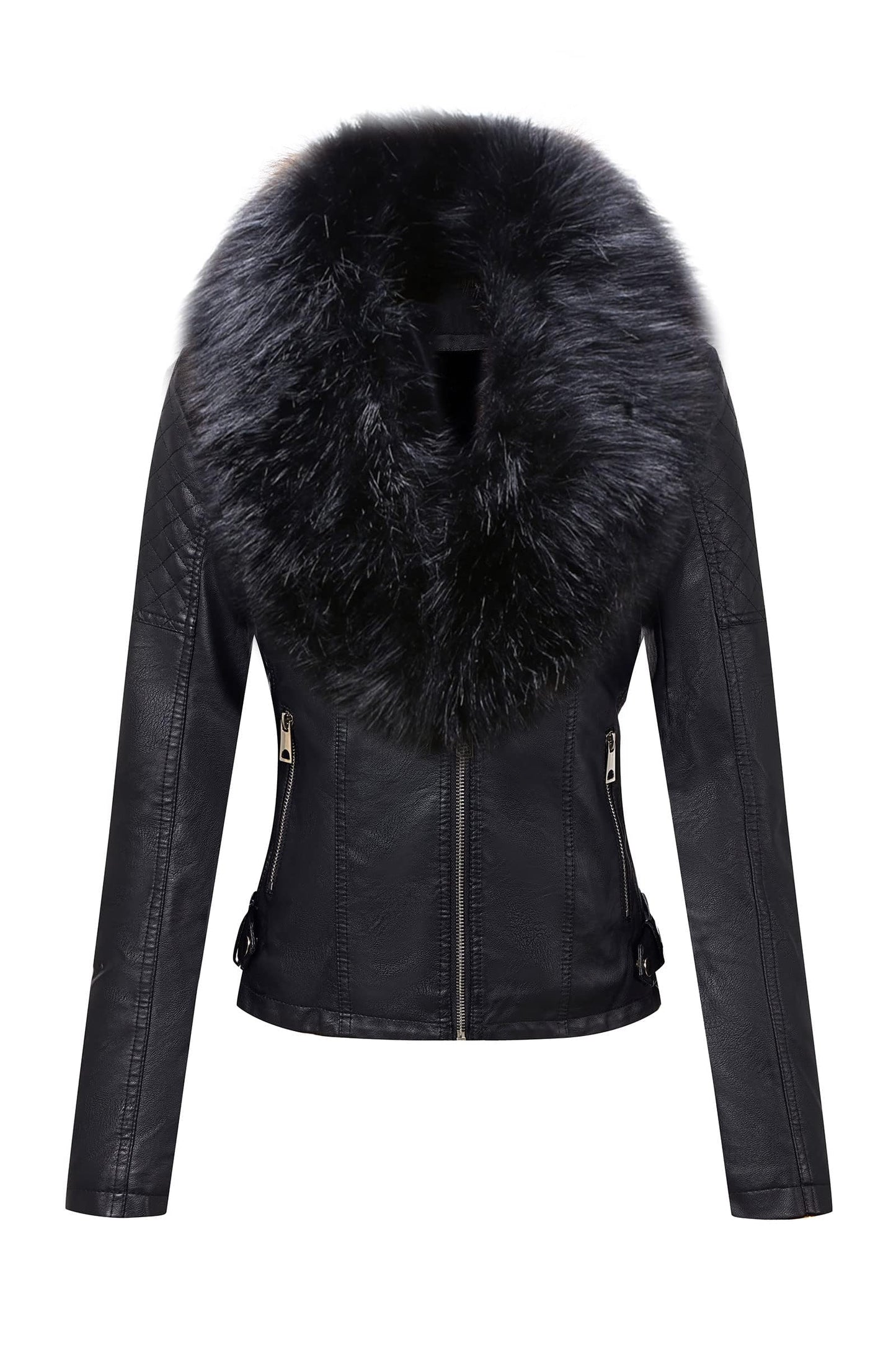 Bellivera Women's Faux Leather Short Jacket Moto Sherpa-Lined Coat with Removable Fur Collar 9201 Black XL