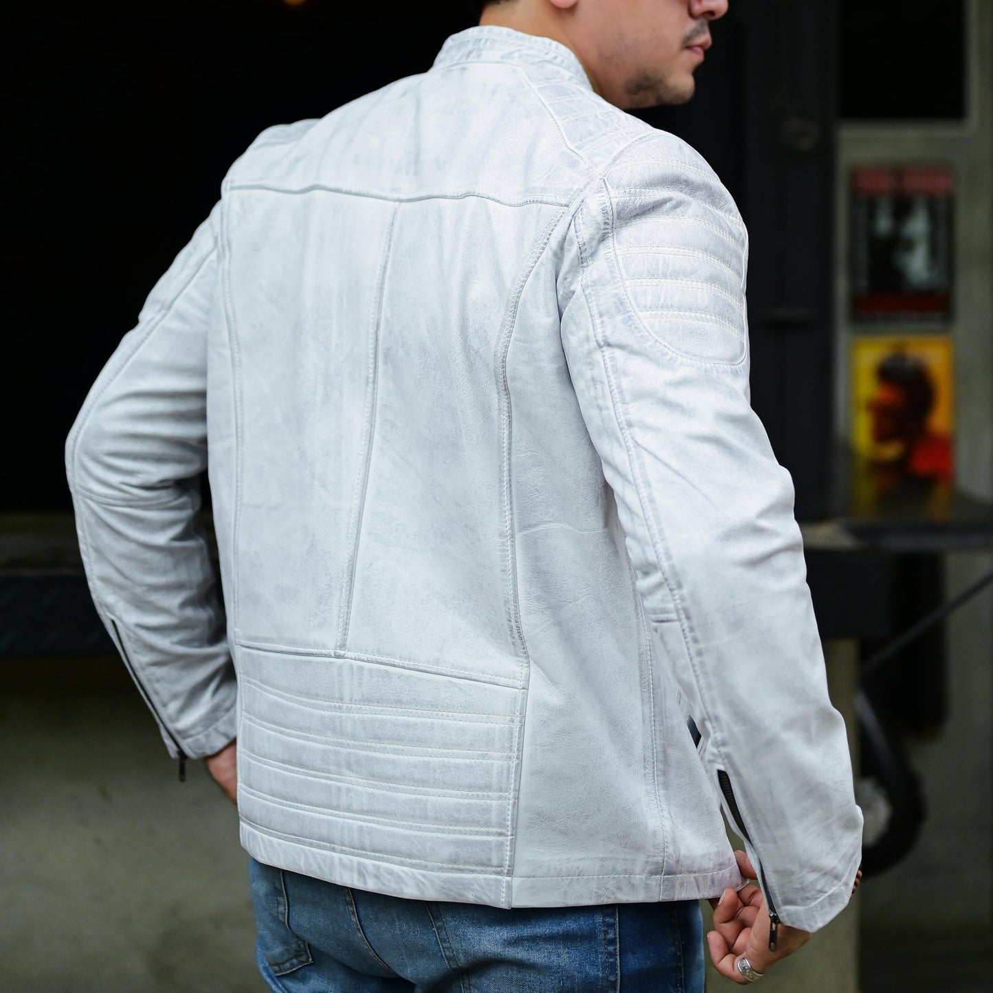 Jild Timeless Classic Leather Jacket Men - Biker Style Real Lambskin Café Racer Vintage Look Motorcycle Jackets for Men (M10-White-XL)