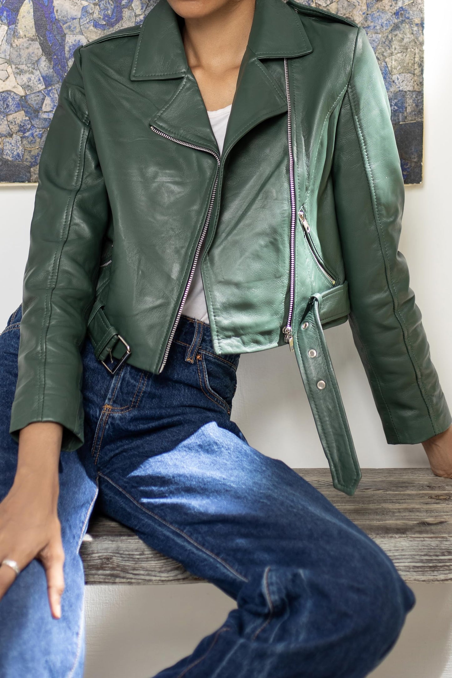 Jild Cropped Leather Jacket Women Lapel Asymmetric Zip Up Moto Biker Short Coat with Belt (CW-Green-XS)