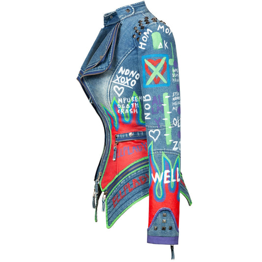 Fashion SX Women's Punk Floral Embroidered short Faux Leather Jacket Hand-painted Moto PU Coat （Blue-S