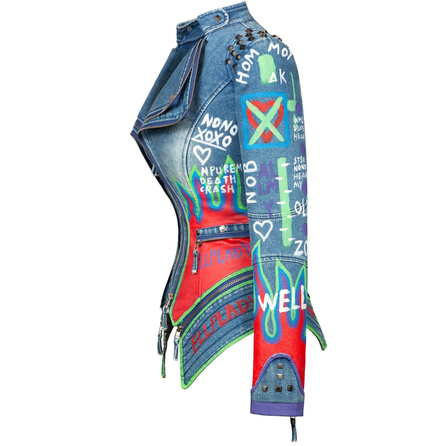 Fashionable SX women's punk flower embroidered short synthetic leather jacket hand-painted motorcycle denim jacket（Blue-M)