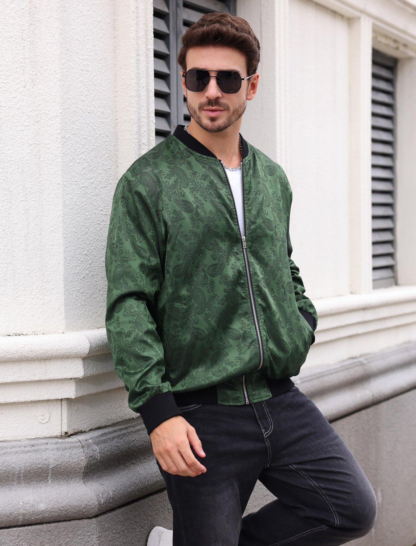 OLEMEK Men's Bomber Jacket Long Sleeve Zipper Paisley Floral Jacket Lightweight Casual Windbreaker Night Party Nightclub Jackets Dark Green XL