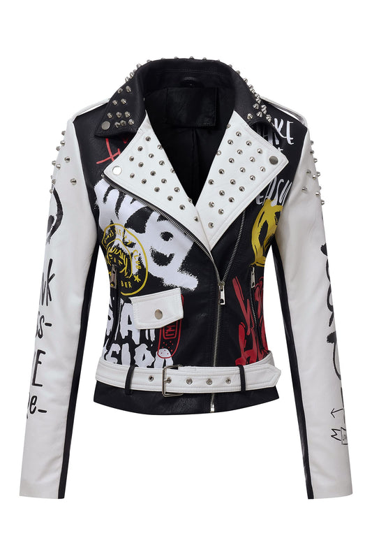 RISISSIDA Studded Leather Jacket Women Moto Motorcycle Faux Leather Short Coat Black-white 0477 S