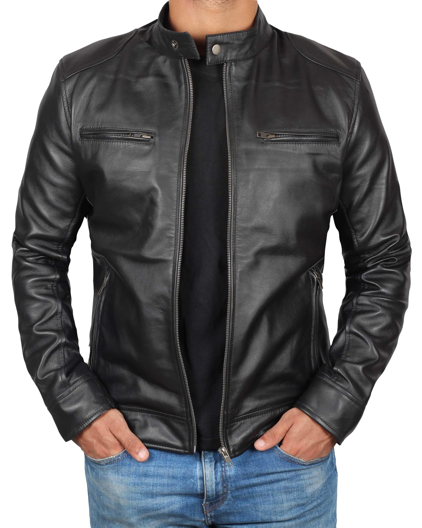 Decrum Mens Black Leather Jacket Men - Mens Leather Jackets | [1100124] Black Ddge, L
