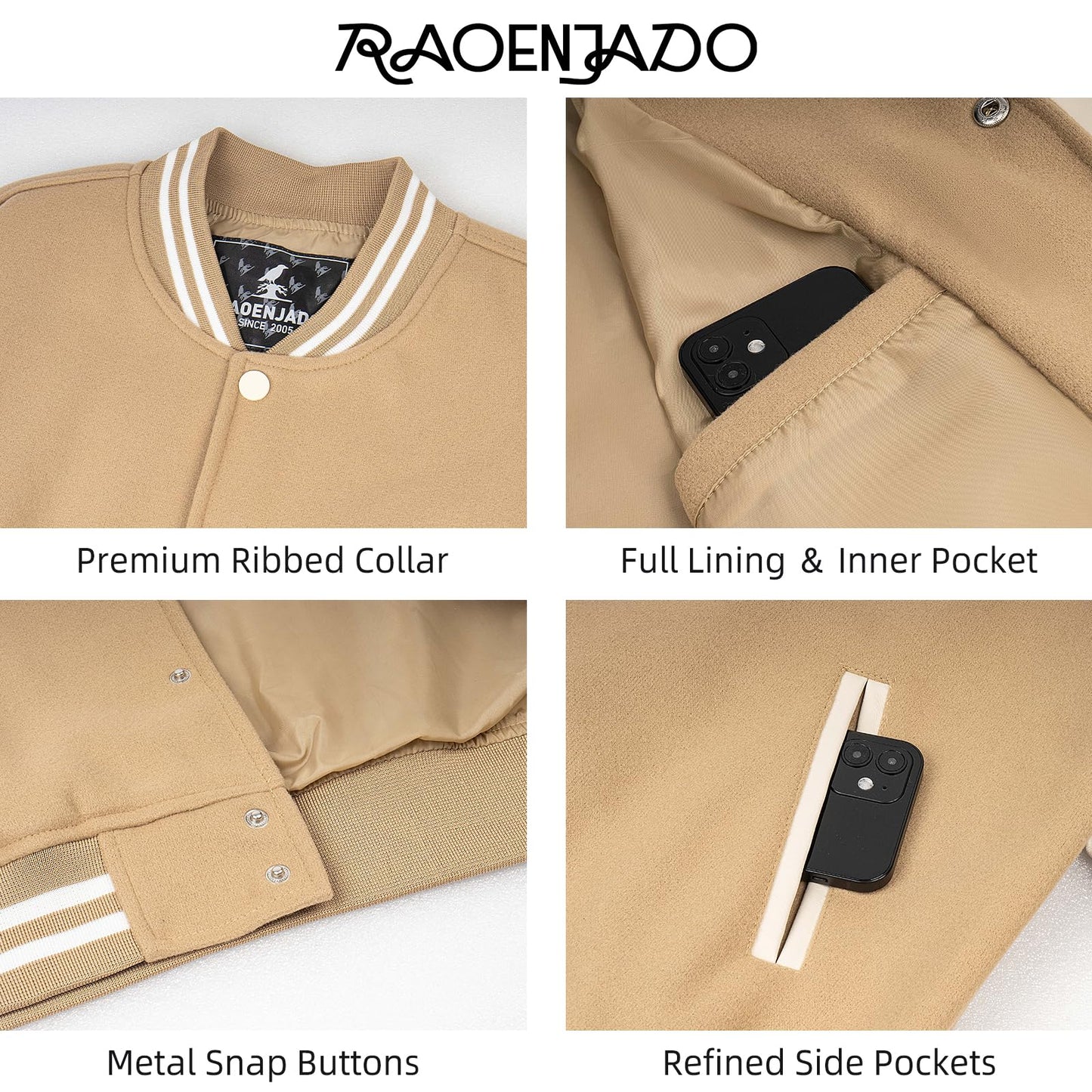 RAOENJADO Men's Varsity Jacket Letterman Bomber Faux Leather Sleeve Casual
