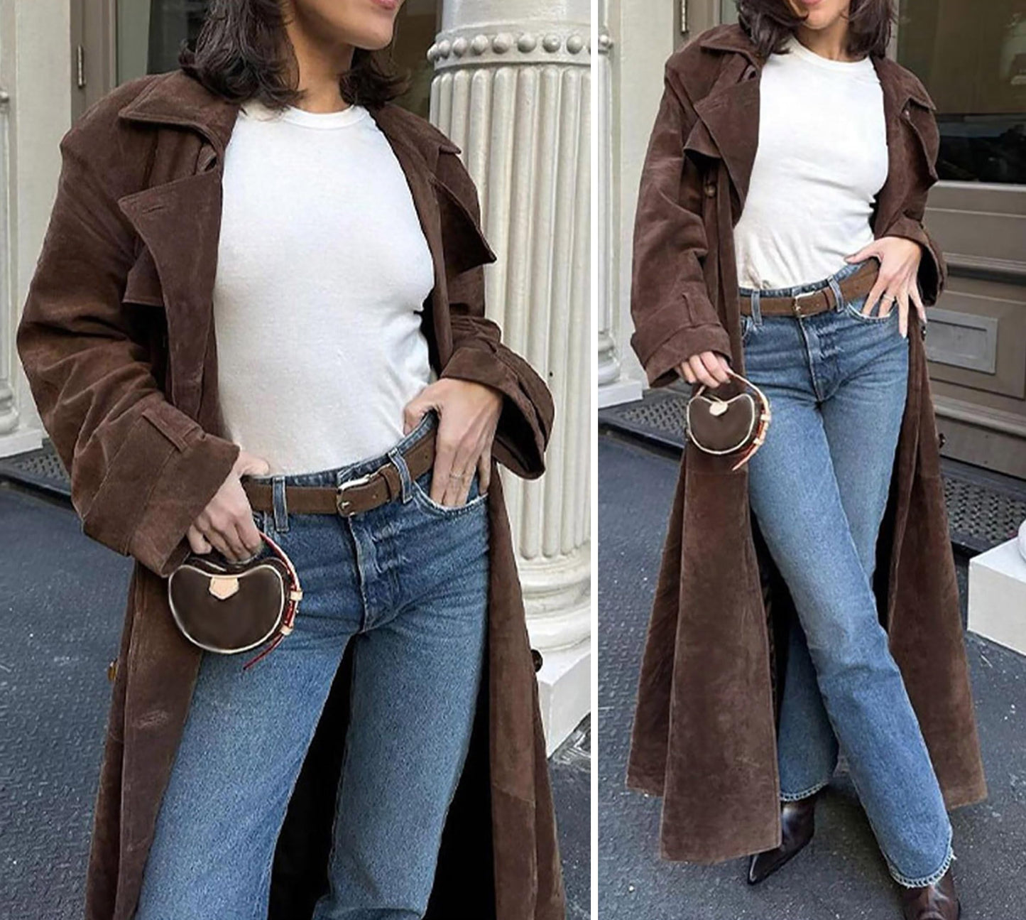 utcoco Womens Faux Suede Long Trench Coat Notched Lapel Double Breasted Pea Coat Overcoat with Belt (Small, Brown)