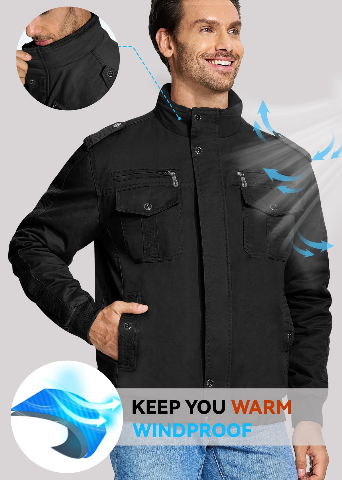 EKLENTSON Mens Winter Jacket with Multi Pockets Fleece Lined Military Coat