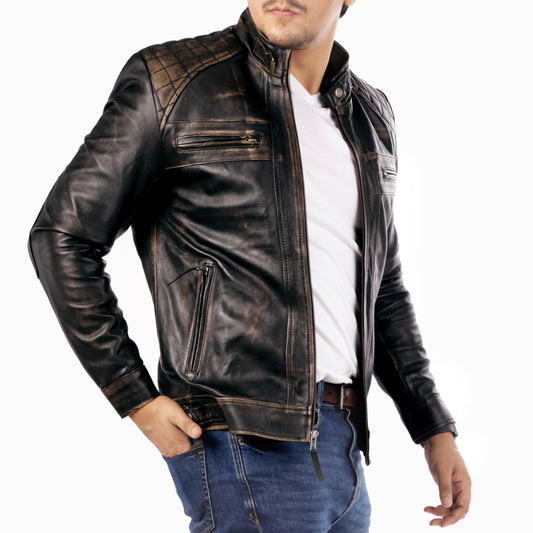 Jild Signature Diamond Style Café Racer Lambskin Leather Jacket Men - Men's Casual Real Leather Quilted Style Motorcycle Jacket (DM-Rub-L)