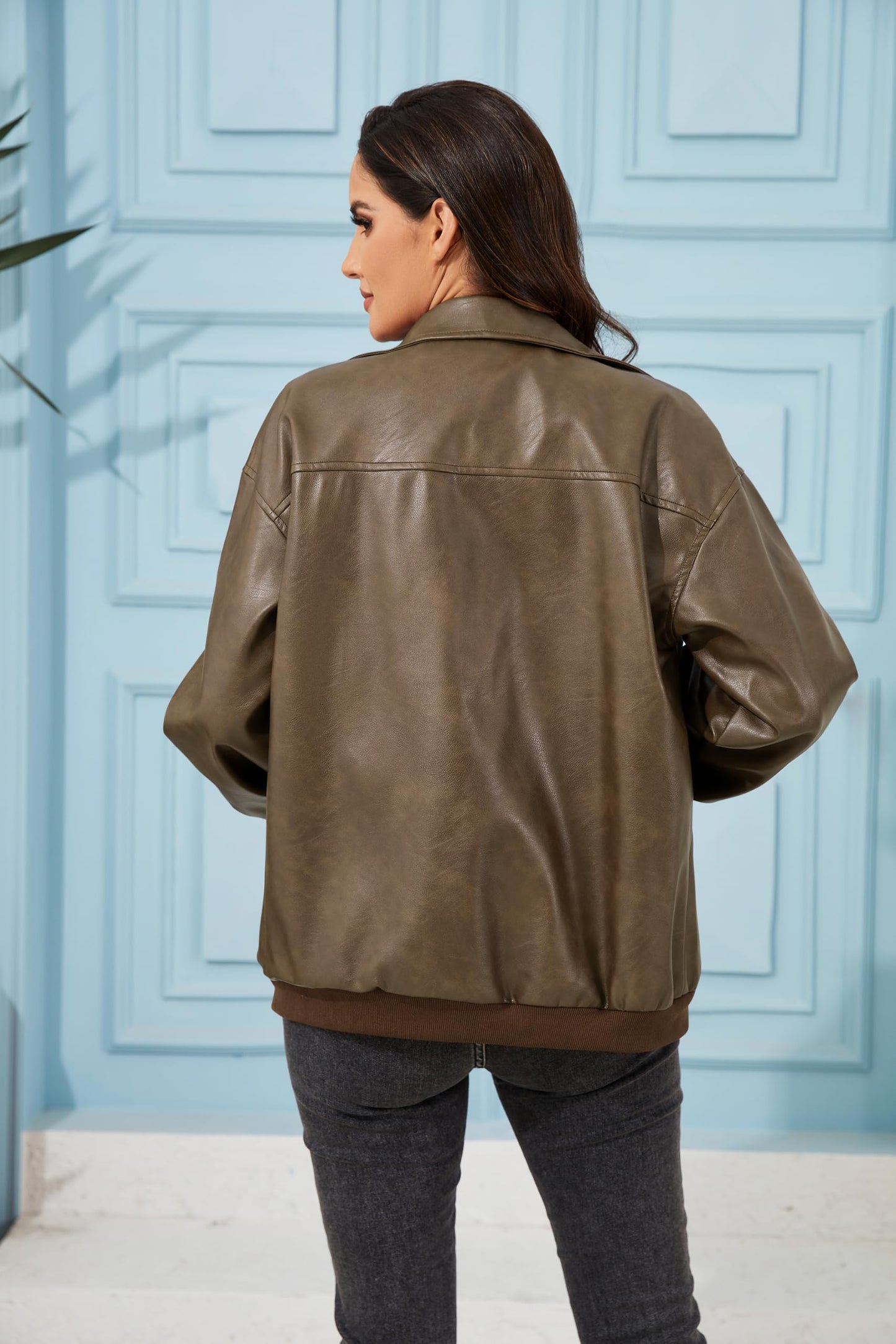 KWSTAIN Brown Leather Jacket for Women Bomber Autumn Winter Vintage Washed Faux Leather Long Lantern Sleeve Streetwear (Brown,L)