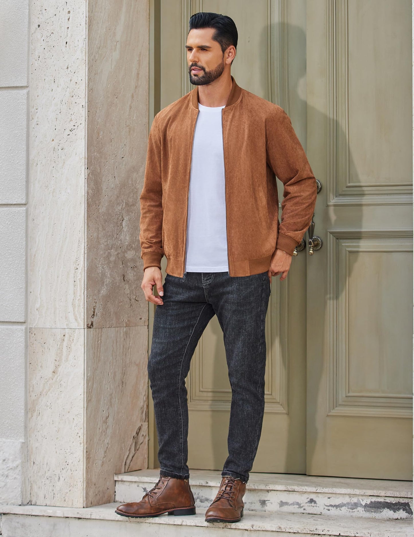 COOFANDY Suede Bomber Jacket Mens Lightweight Jackets Casual Varisty Jacket Zip Up Coat Brown, Large