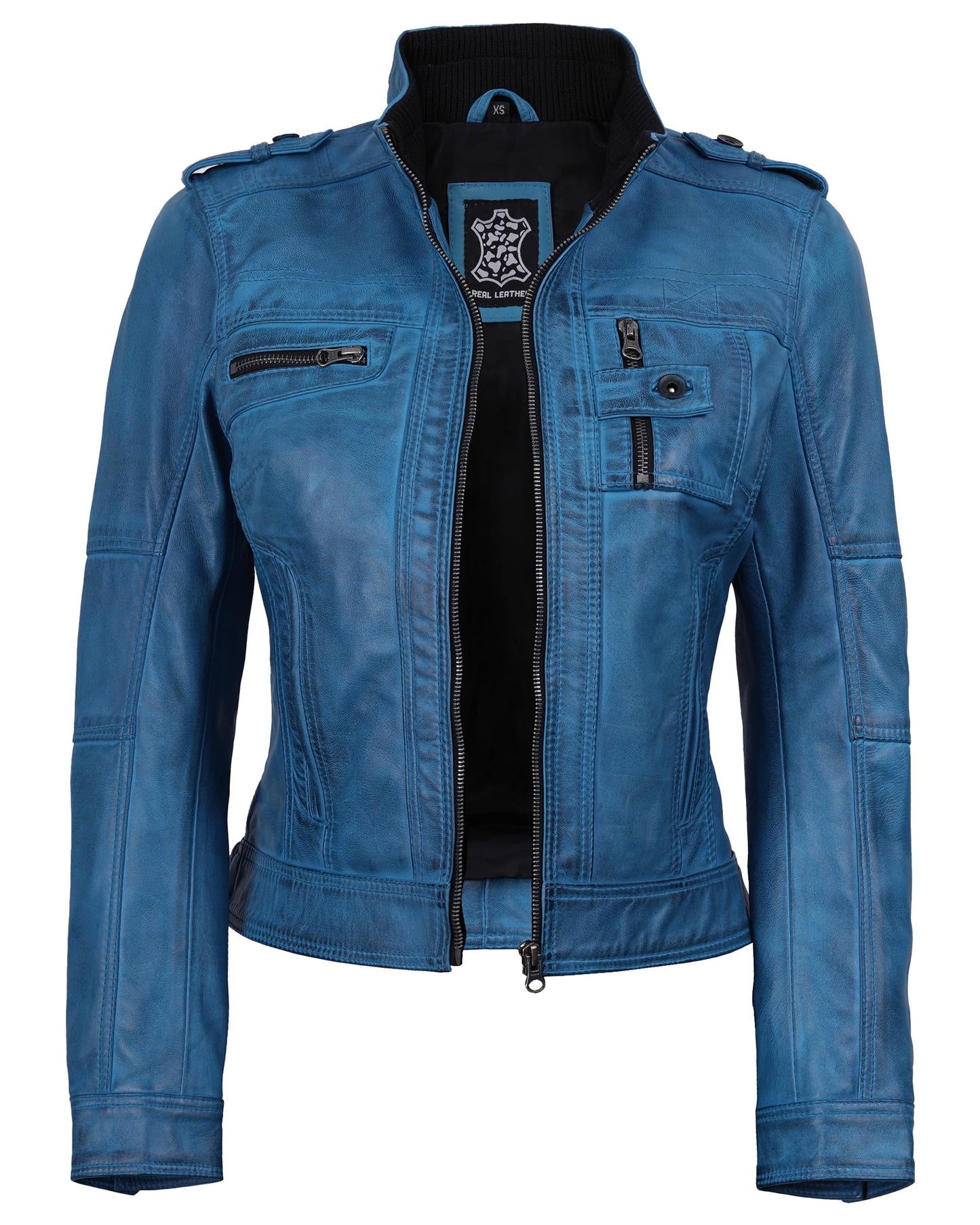 Decrum Blue Leather Jacket Women - Racer Jacket Women | [1329462] Tavares Blue, S