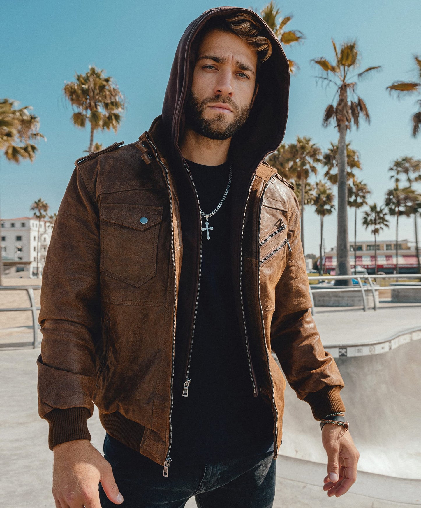 FLAVOR Men Brown Leather Motorcycle Jacket with Removable Hood (Large (US standard), Brown)