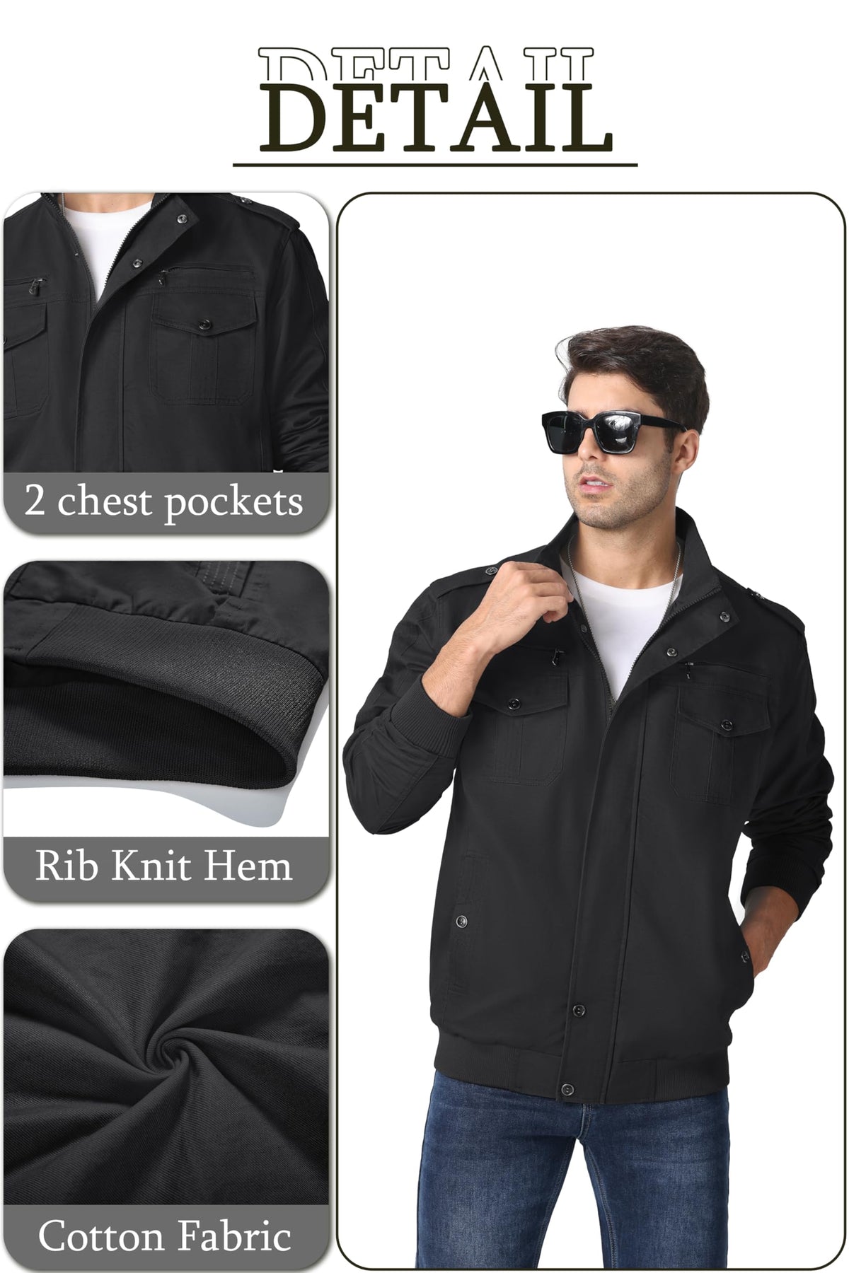MAGNIVIT Men's Military Cargo Jacket Lightweight Full Zip Jackets Black M