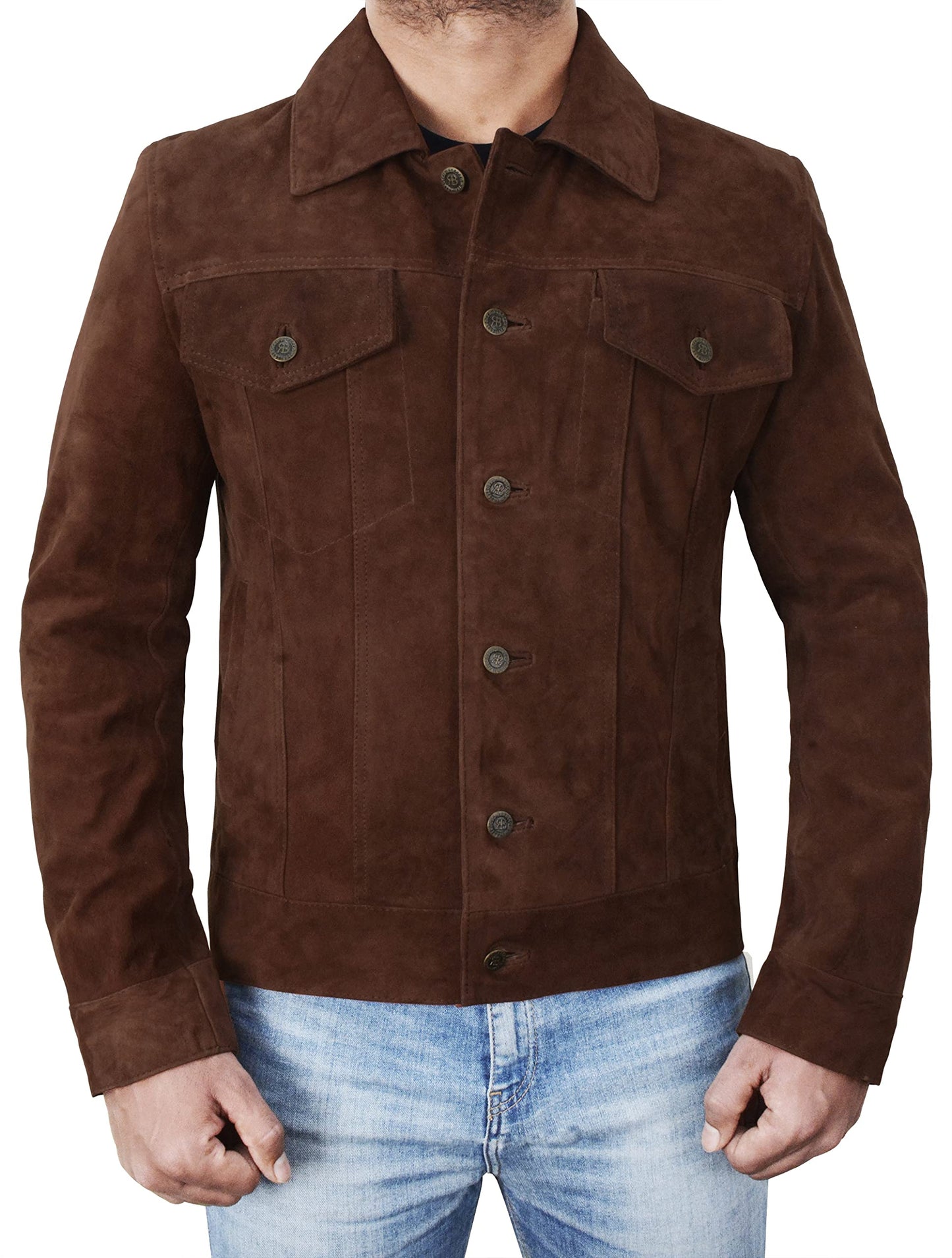 III-Fashions Premium Brown Suede Leather Biker Trucker Jacket - Vintage Classic Western Trucker Geniune Suede Jacket (Logn, Dark Brown XXL) - chaqueta cuero hombre - Real Leather Jacket For Men