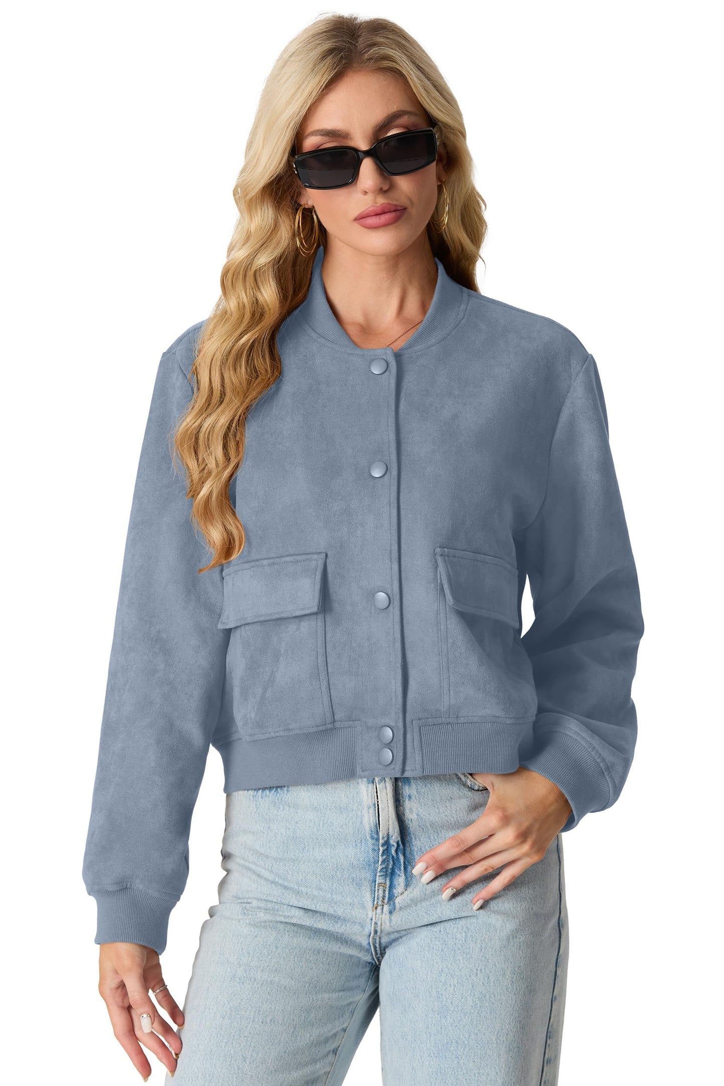 GRECERELLE Womens Bomber Jacket Cropped Button Down Varsity Jacket Long Sleeve Casual Outwear With Pockets (Denim Blue, Medium)