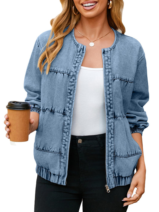 Glamaker Womens Denim Bomber Jacket Trendy Casual Zip Up Crew Neck Long Sleeve Loose Fit Jean Jacket Fall Outfits With Pockets (Denim Blue S)