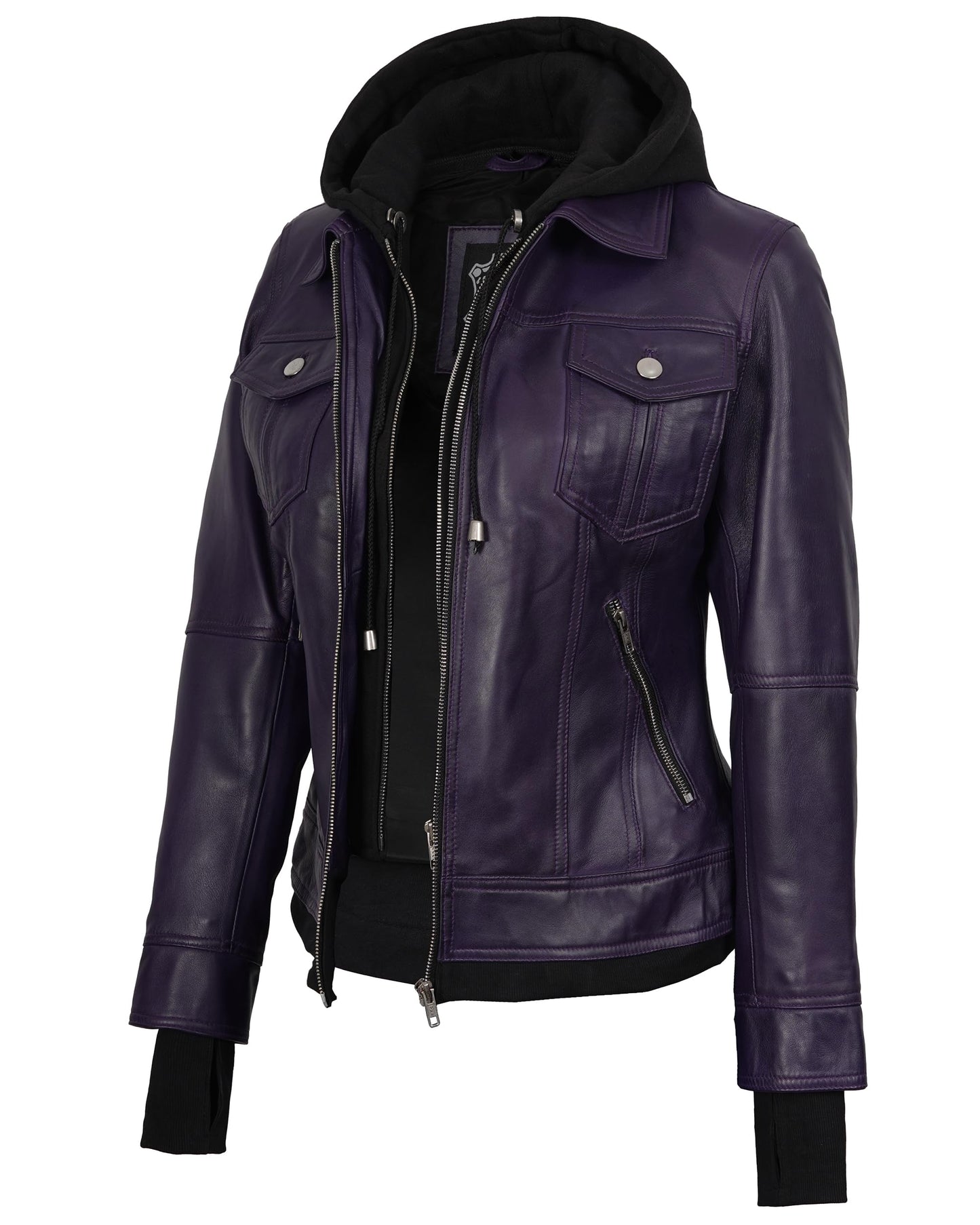 Decrum Hooded Leather Jacket Women - Leather Bomber Jacket Women | [1326966] Tralee Purple, 2XL