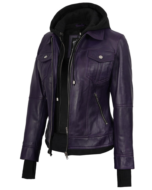 Decrum Hooded Leather Jacket Women - Leather Bomber Jacket Women | [1326966] Tralee Purple, 2XL