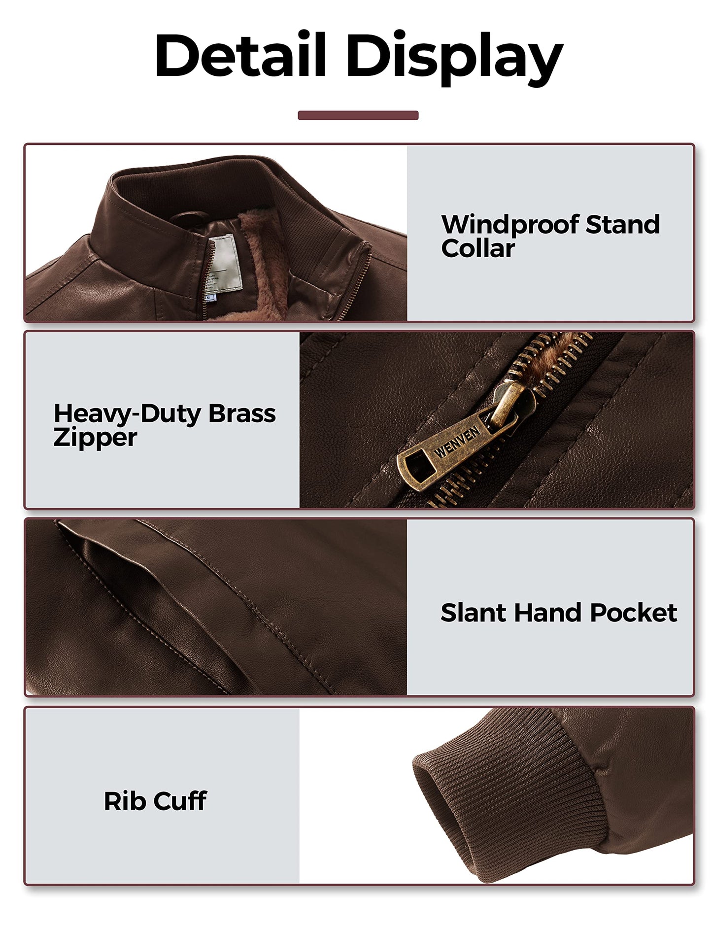 WenVen Men's Faux Leather Jacket Punk Motorcycle Slim Fit Outerwear Brown XL