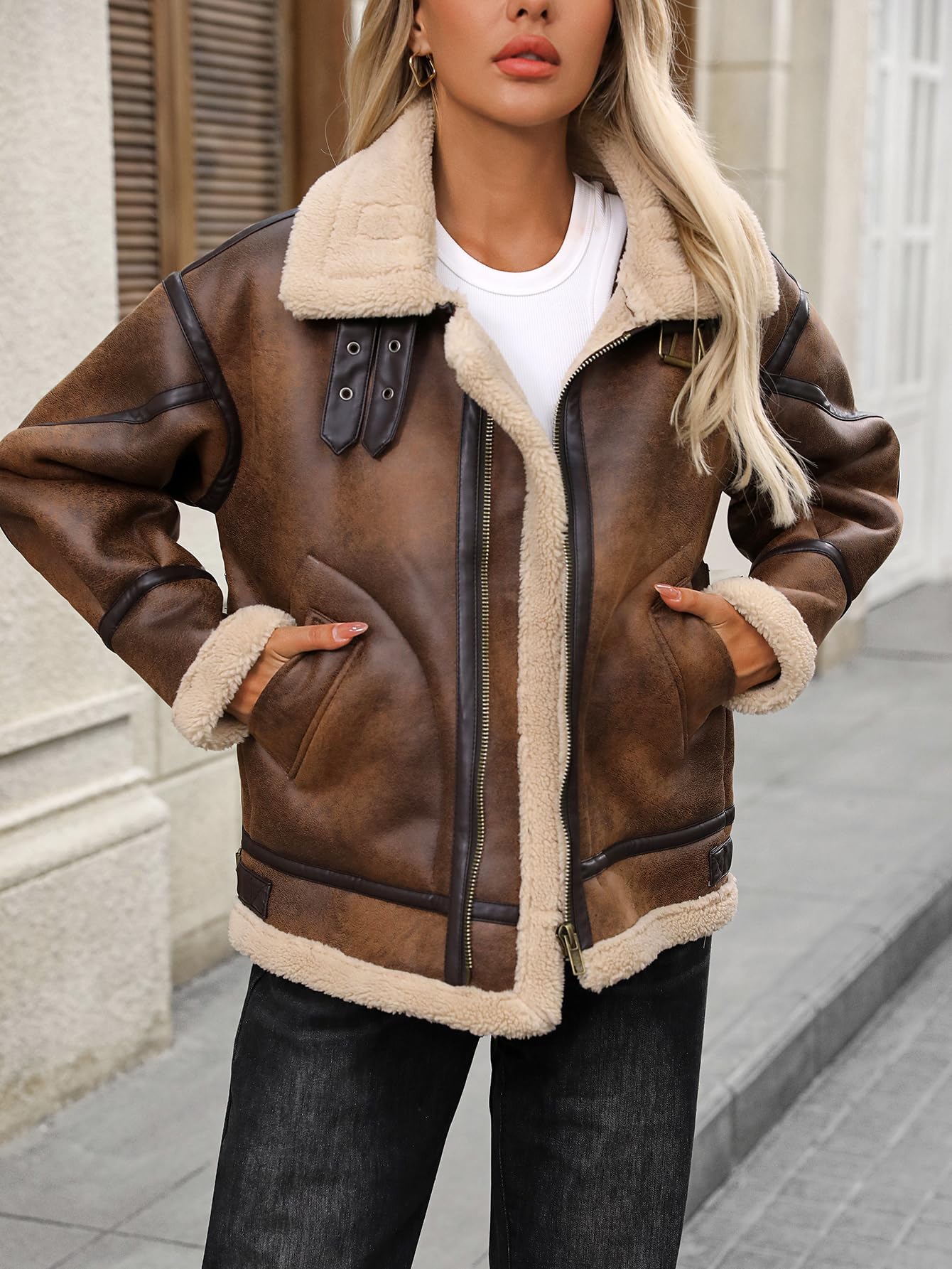 LY VAREY LIN Women Faux Leather Jacket Sherpa Aviator Bomber Coat