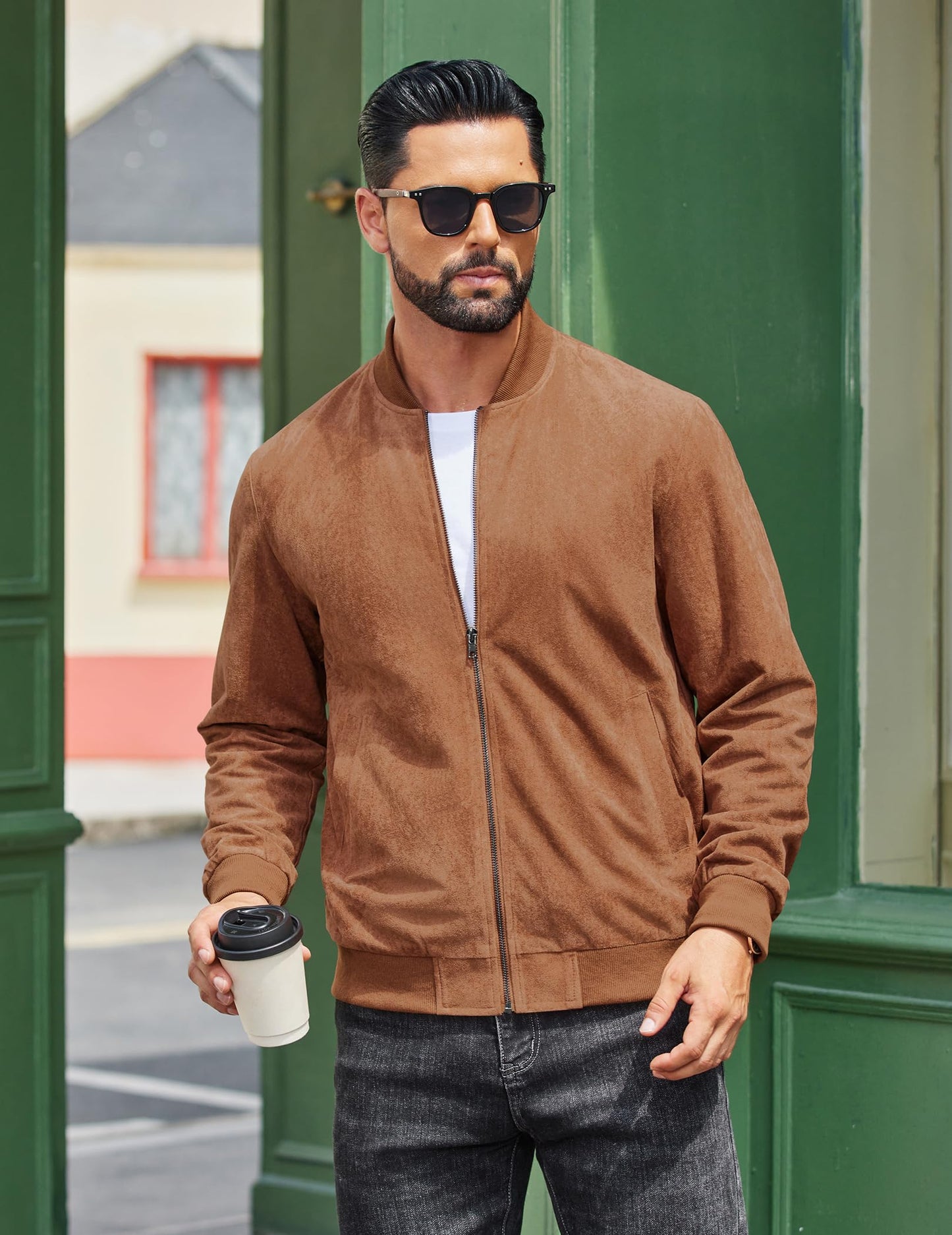 COOFANDY Suede Bomber Jacket Mens Lightweight Jackets Casual Varisty Jacket Zip Up Coat Brown, Large