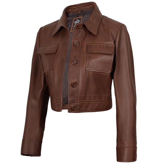 fjackets Real Lambskin Cropped Women Leather Jackets - Freddie Women's Cropped Leather Jacket Cognac Wax| [1330816], 2XL