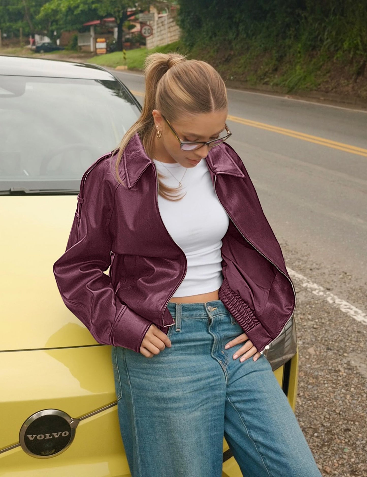 PHISOCKAT Women's Oversized Faux Leather Zip Up Bomber Jacket