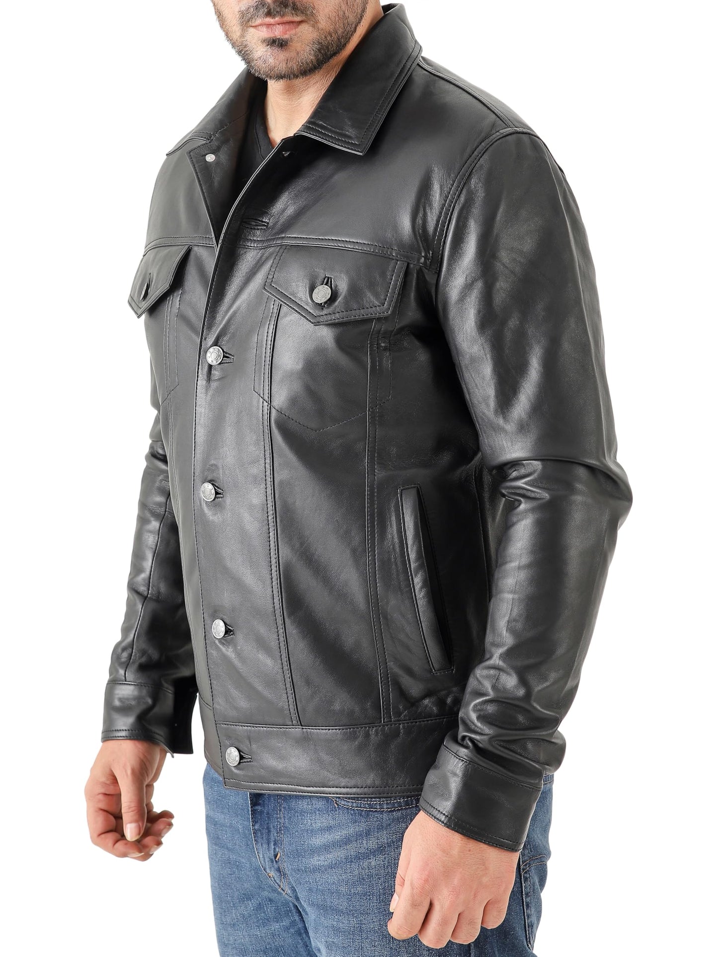 Jild Classic Trucker Fashion Leather Jacket Men - Premium Suede Leather Shirt Style Coat Jacket (Trkr-Blk-L)
