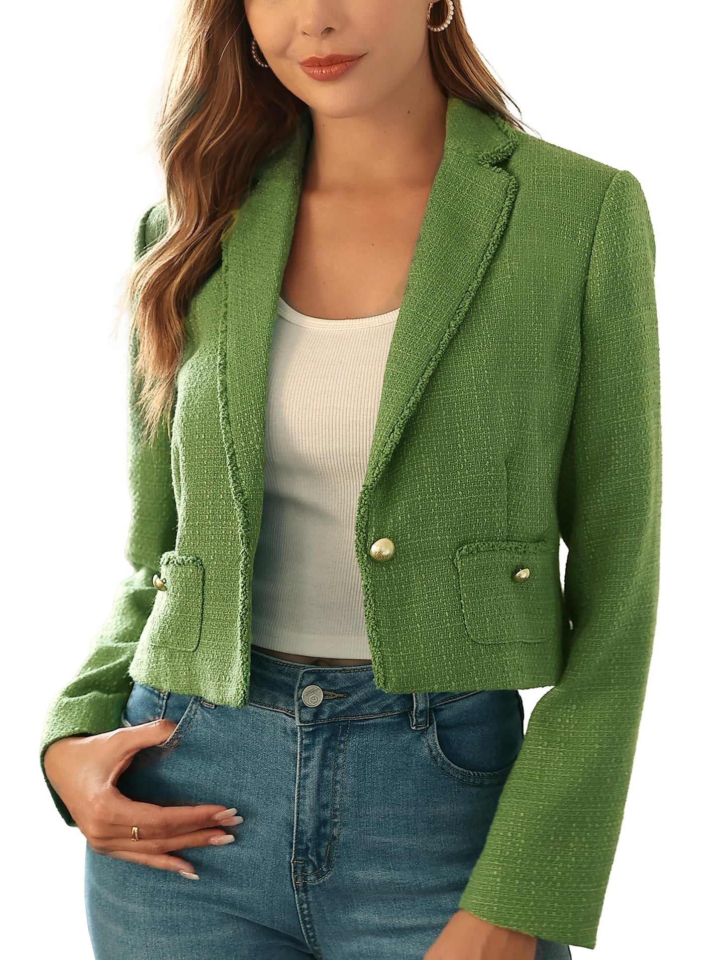 M.Infisavo Women’s Cropped Tweed Jacket Blazer with Pockets Notch Lapel