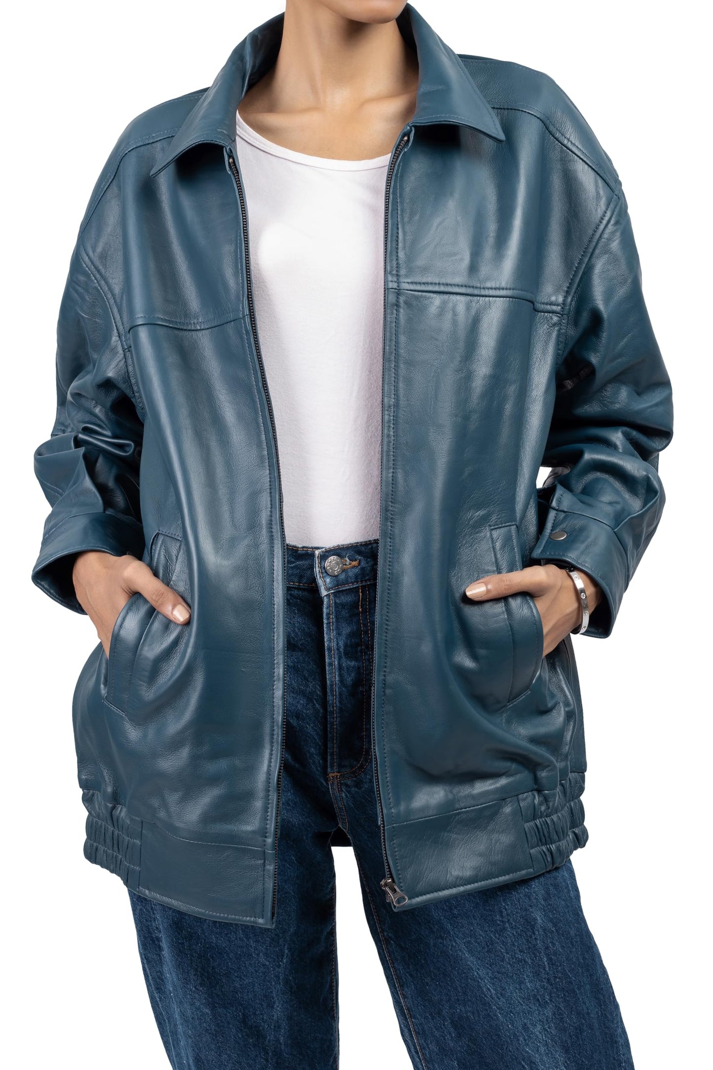 Jild Oversized Leather Jacket Women - Lambskin Leather Fall Jacket for Womens Fashion Plus Size Outfits (OSW-Blue-L)