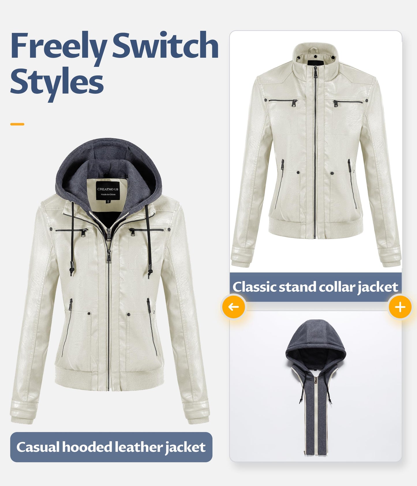 CREATMO US Jackets for Womens Faux Leather Motorcycle Fall Jacket Women's Fashion Clothes Lightweight Moto Biker Coat White 4XL