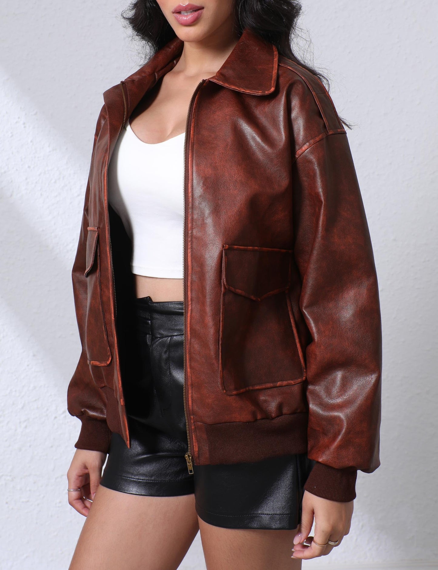 Nitzana Women's Faux Leather Jacket Trendy 2026 Oversized Zip Up Motorcycle Bomber Jacket Coats Fall Winter Outerwear Wine M