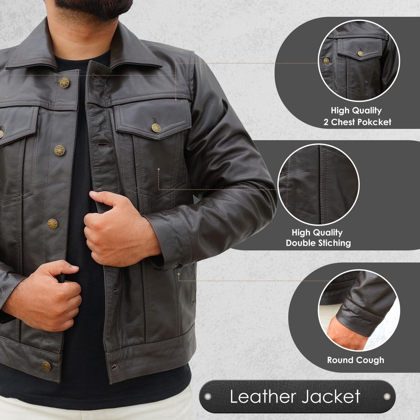 PPE FIT Real Lambskin Vintage Trucker Jacket Men - Motorcycle Fashion Leather Jacket Men,Shirt Collar Jackets For Mens (3XL, Dark Brown)