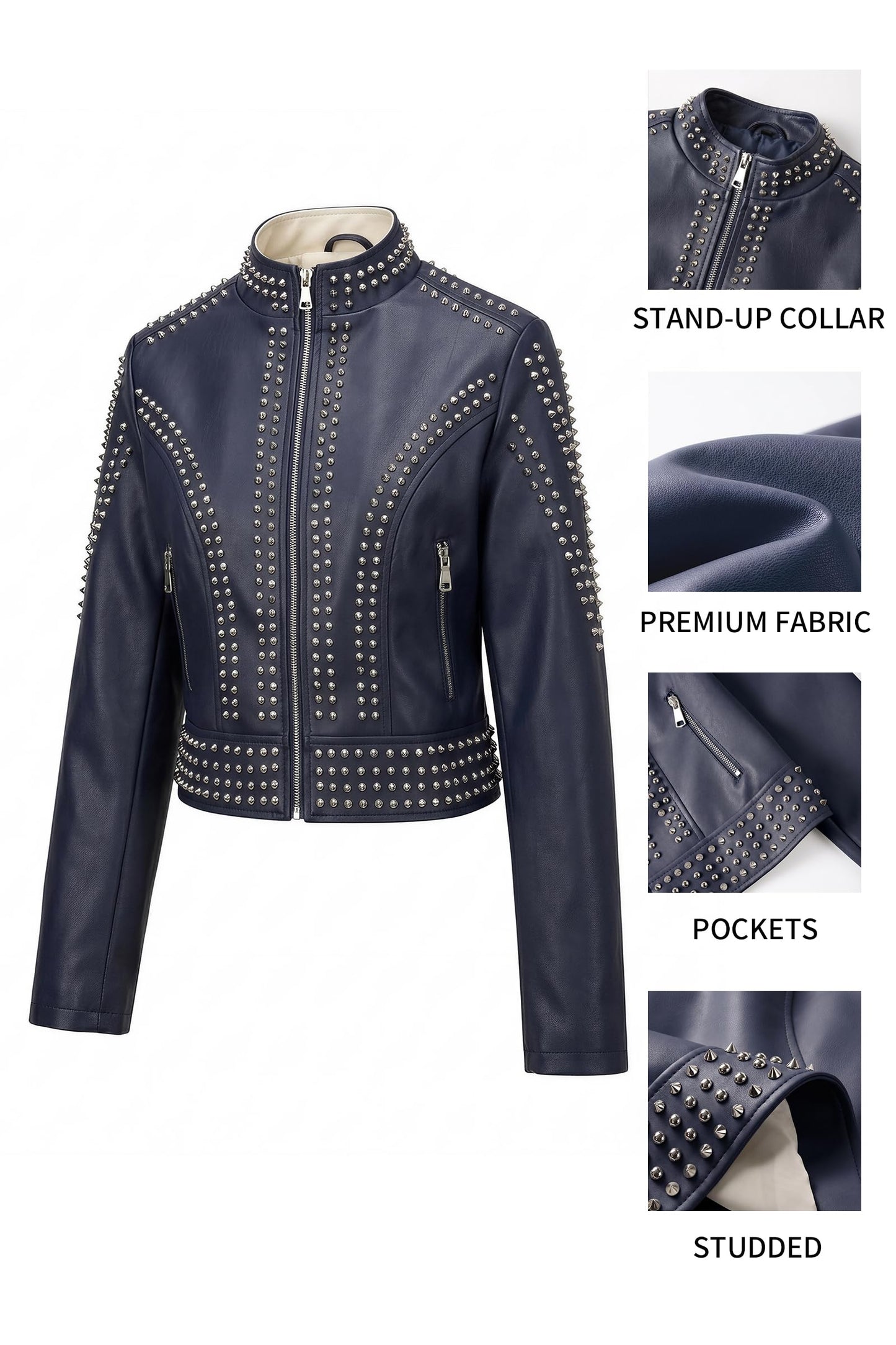 Bellivera Women's Faux Leather Moto Studded Rivet Casual Jacket D.Blue L