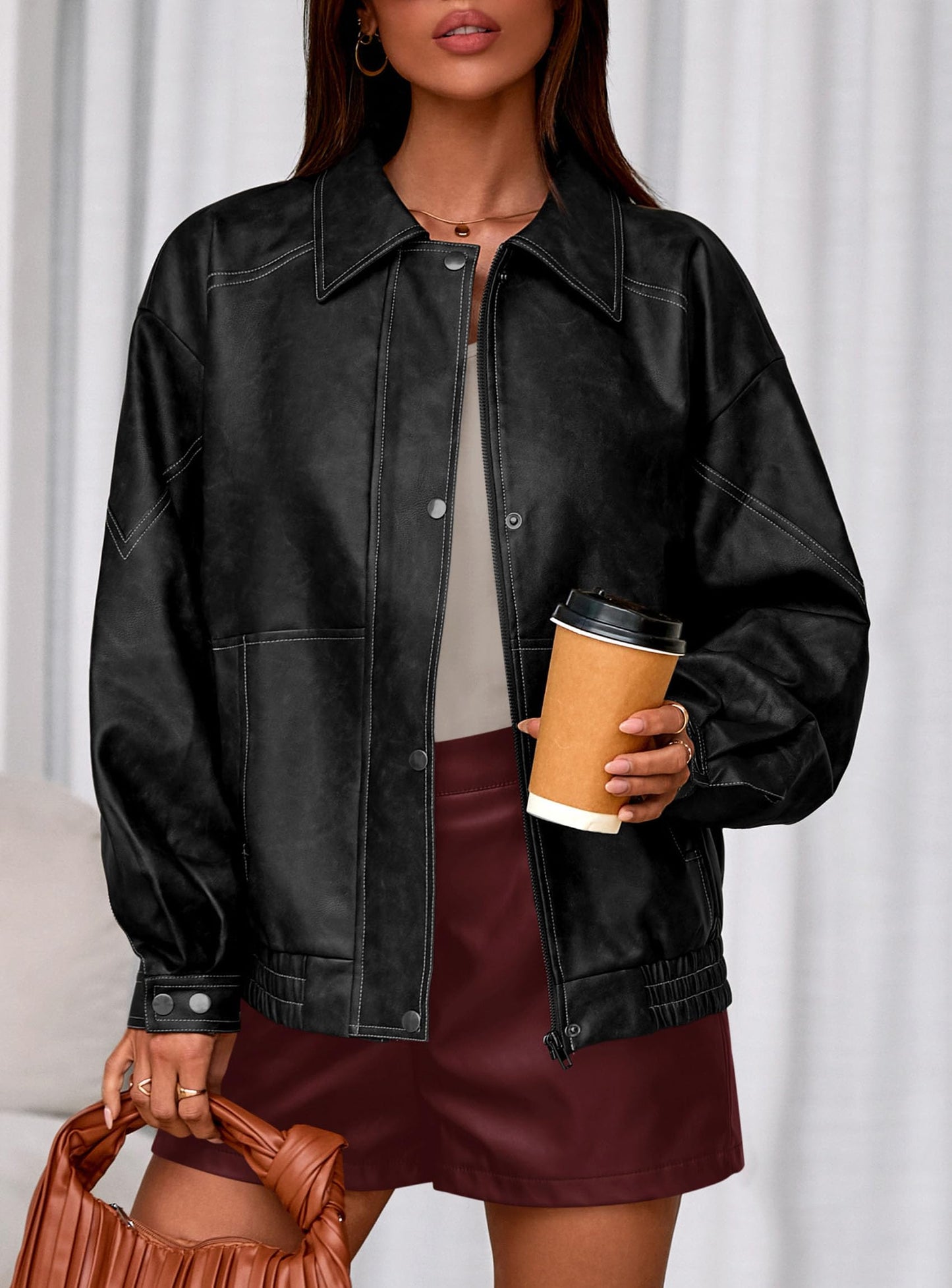 PRETTYGARDEN Faux Leather Jacket Women Bomber Motorcycle Zip Up Jackets Oversized Fall Fashion Outfits 2026 Winter Coats (Black,Medium)