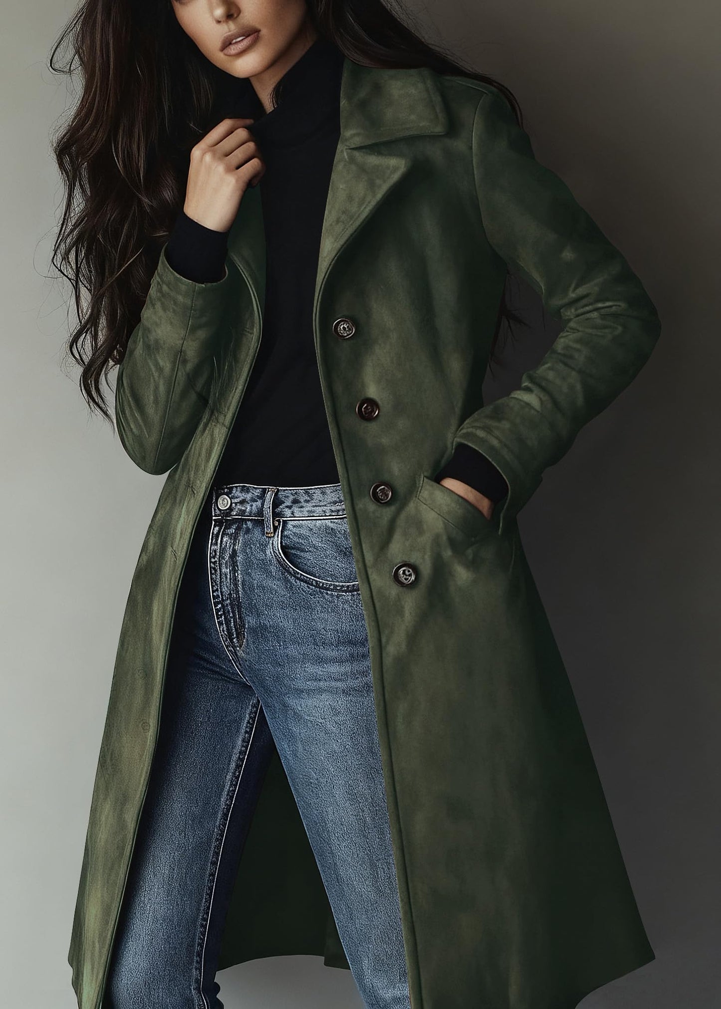 utcoco Womens Long Suede Trench Coat Single Breasted Leather Trench Overcoat with Pocket (X-Small, Army Green)