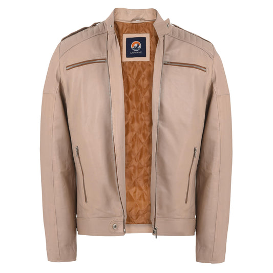 DURVANE Men's Vintage Style Slim Fit Center Zip-Up Motorcycle Biker Leather Jacket in Beige Color, Premium Quality (US, Alpha, Large, Regular, Regular)