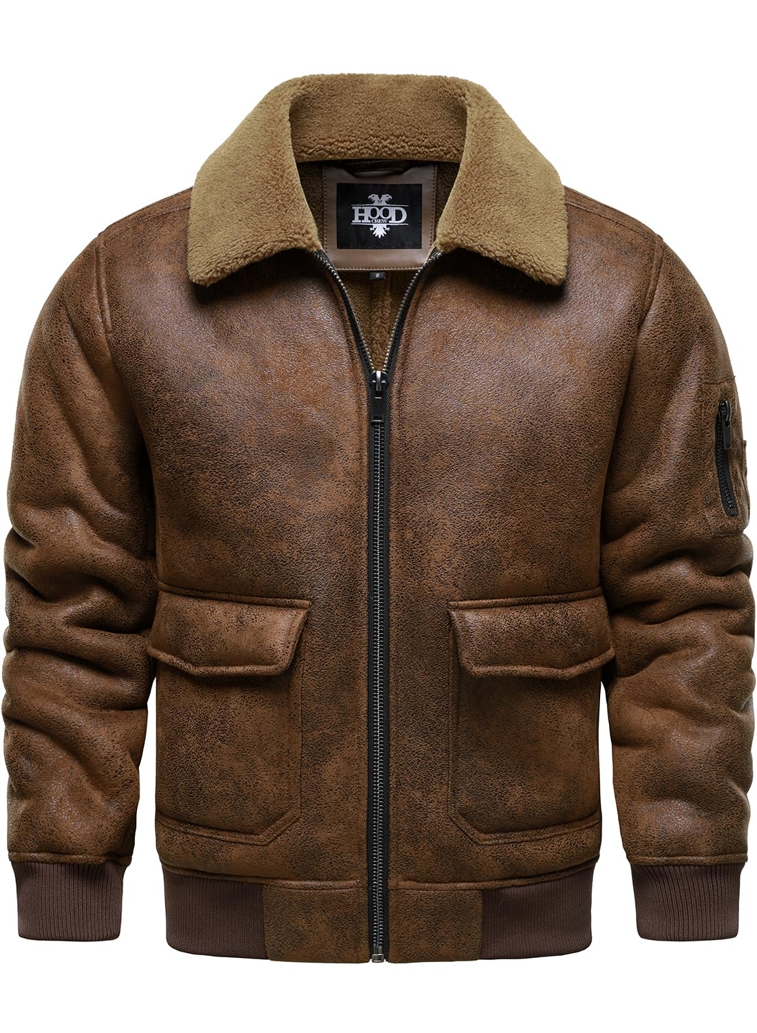 HOOD CREW Men's Faux Leather Motorcycle Jacket Men Bomber Jacket Warm Sherpa Fleece Lined Winter Coat Aviator Flight Jackets Brown L