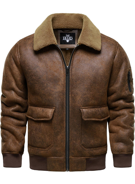 HOOD CREW Men's Faux Leather Motorcycle Jacket Men Bomber Jacket Warm Sherpa Fleece Lined Winter Coat Aviator Flight Jackets Brown L