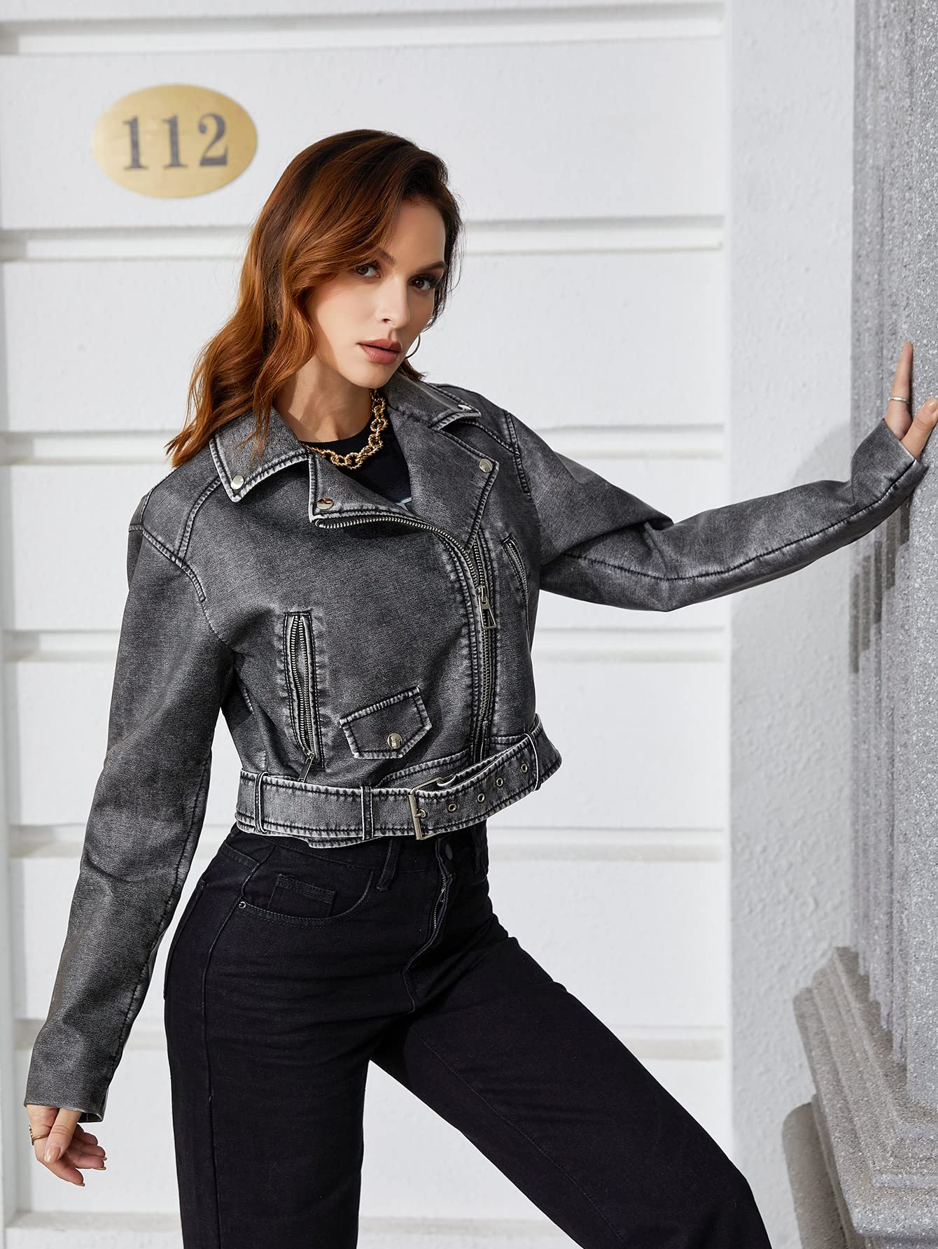 LY VAREY LIN Women Faux Leather Cropped Jacket Zipper Buckle Belted Long Sleeve Vintage Motorcycle Outwear(L2311 Black Grey M)