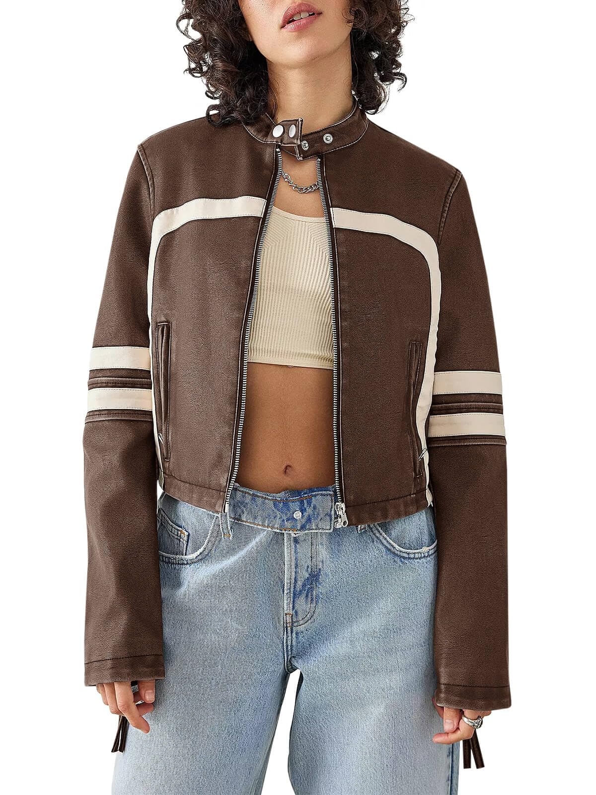 Saodimallsu Women’s Faux Leather Jackets Zip Up Stand Collar Cropped Motocross PU Coats